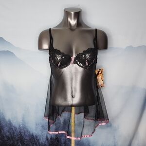 Shirley Of Hollywood Satin Trim Lace Babydoll Lingerie Women's Medium NWT